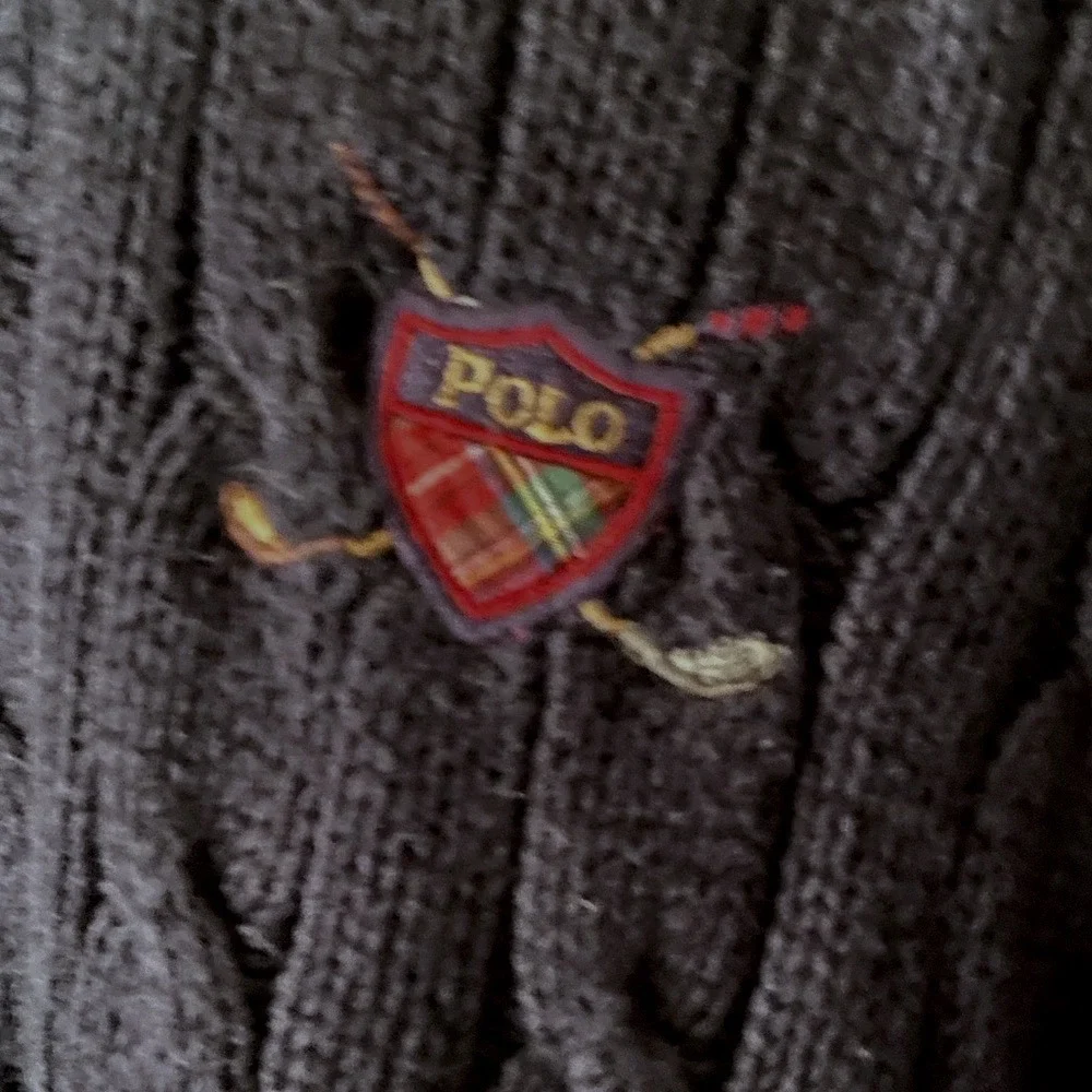 VTG‎ 90's Polo Ralph Lauren Black Cable Knit Cotton Crest Crew Neck Sweater XXL